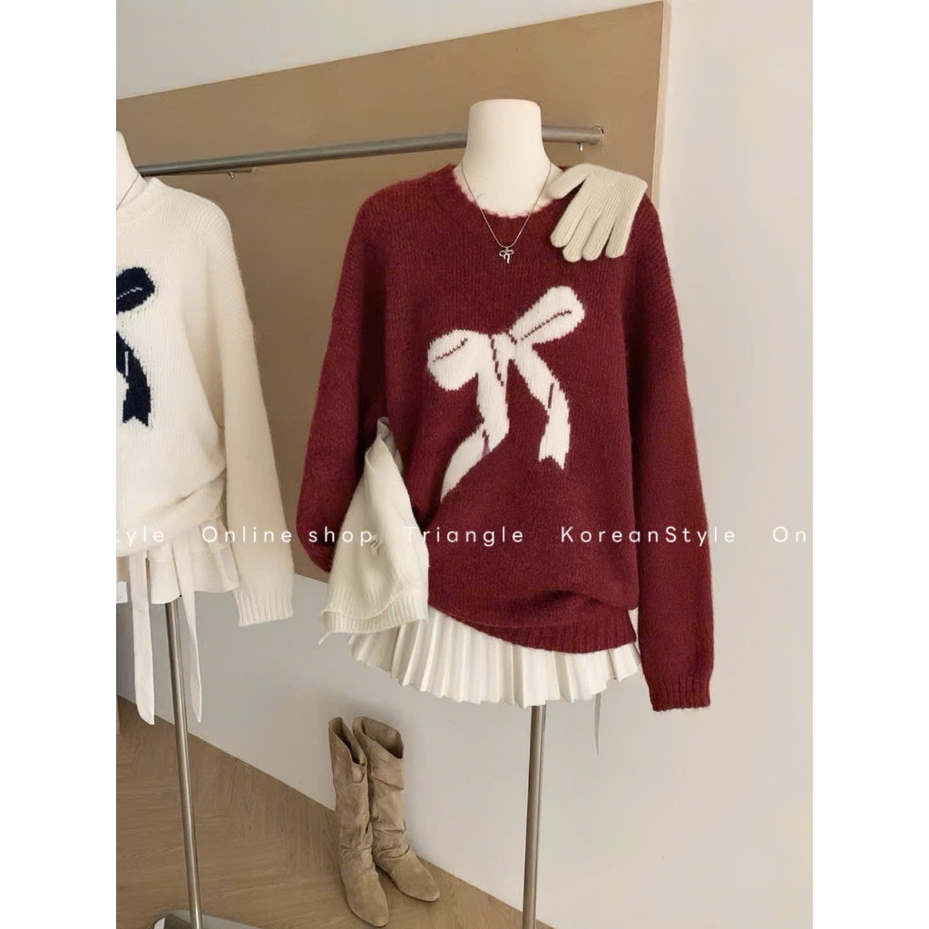 TRIANGLE - (form to) Ribbon Sweater (Cân nhắc kỹ, return is not welcomed)- Áo len họa tiết nơ dáng rộng Hàn Quốc