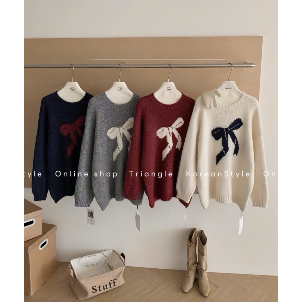TRIANGLE - (form to) Ribbon Sweater (Cân nhắc kỹ, return is not welcomed)- Áo len họa tiết nơ dáng rộng Hàn Quốc