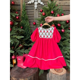 AZV2613 Đầm Bé Gái Giáng Sinh Nơ Ngực Merry – Đầm Noel Trẻ Em Cotton Thô Mềm, Phom Rộng Xinh Xắn