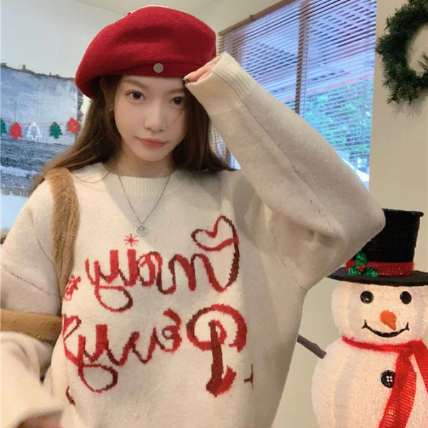 Set đồ nữ Áo sweater nỉ chữ đỏ Perry Chân váy dạ ngắn kẻ đỏ mặc đi chơi Giáng Sinh Noel dài tay form rộng T806G