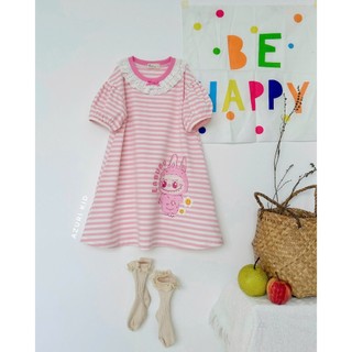 Đầm Thun Bé Gái Labubu Cổ Ren – Váy Cotton In Hình Labubu Sắc Nét, Phom A Thoải Mái