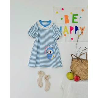 Đầm Thun Bé Gái Labubu Cổ Ren – Váy Cotton In Hình Labubu Sắc Nét, Phom A Thoải Mái