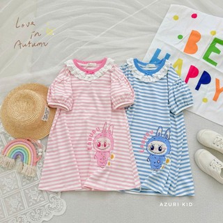 Đầm Thun Bé Gái Labubu Cổ Ren – Váy Cotton In Hình Labubu Sắc Nét, Phom A Thoải Mái