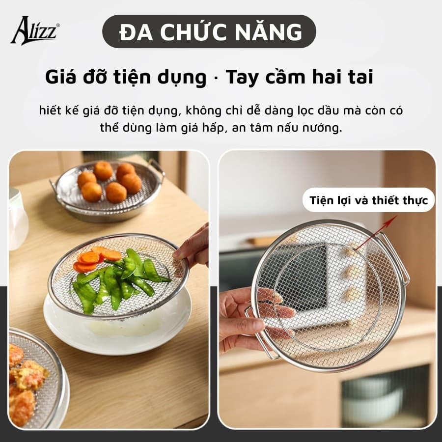 Set Khay kèm Vỉ Lưới Lọc Dầu Chất Liệu Inox 304 Cao Cấp Size 20cm-22cm, Dùng Đựng Thực Phẩm, Thức Ăn