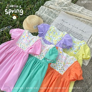 Đầm Bé Gái Flora Phối Hoa AZD459 – Váy Thô Cotton Hàn Tay Phồng, Buộc Eo Xinh Xắn