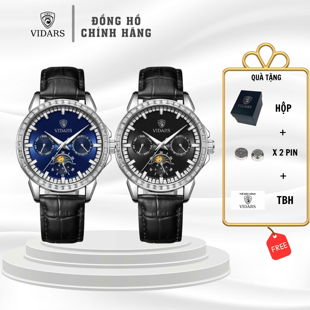 Đồng Hồ Nam VIDARS Hai Tầng Đá Độc Đáo Mới Lạ Viền Pha Lê Chống Nước 3ATM