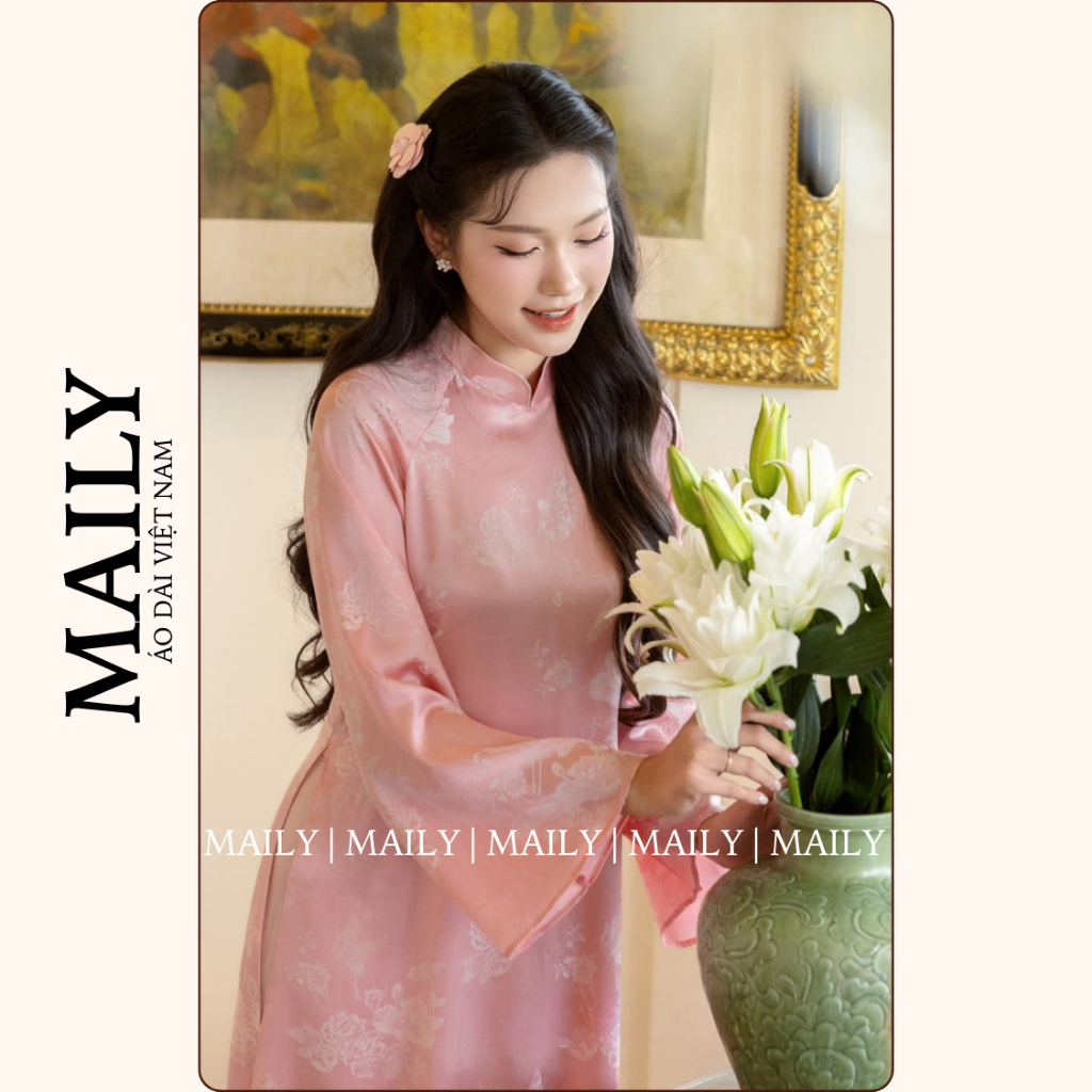 Áo Dài Gấm Dáng Cách Tân Lạc Vân Cổ Cao Tay Dài Loe Trang Trọng - ÁO DÀI MAILY