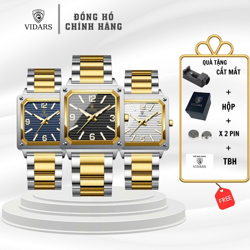Đồng Hồ Nam Vidars Mặt Vuông Cổ Điển Lịch Lãm Chống Nước 3ATM Đeo Tay Chính Hãng Cao Cấp