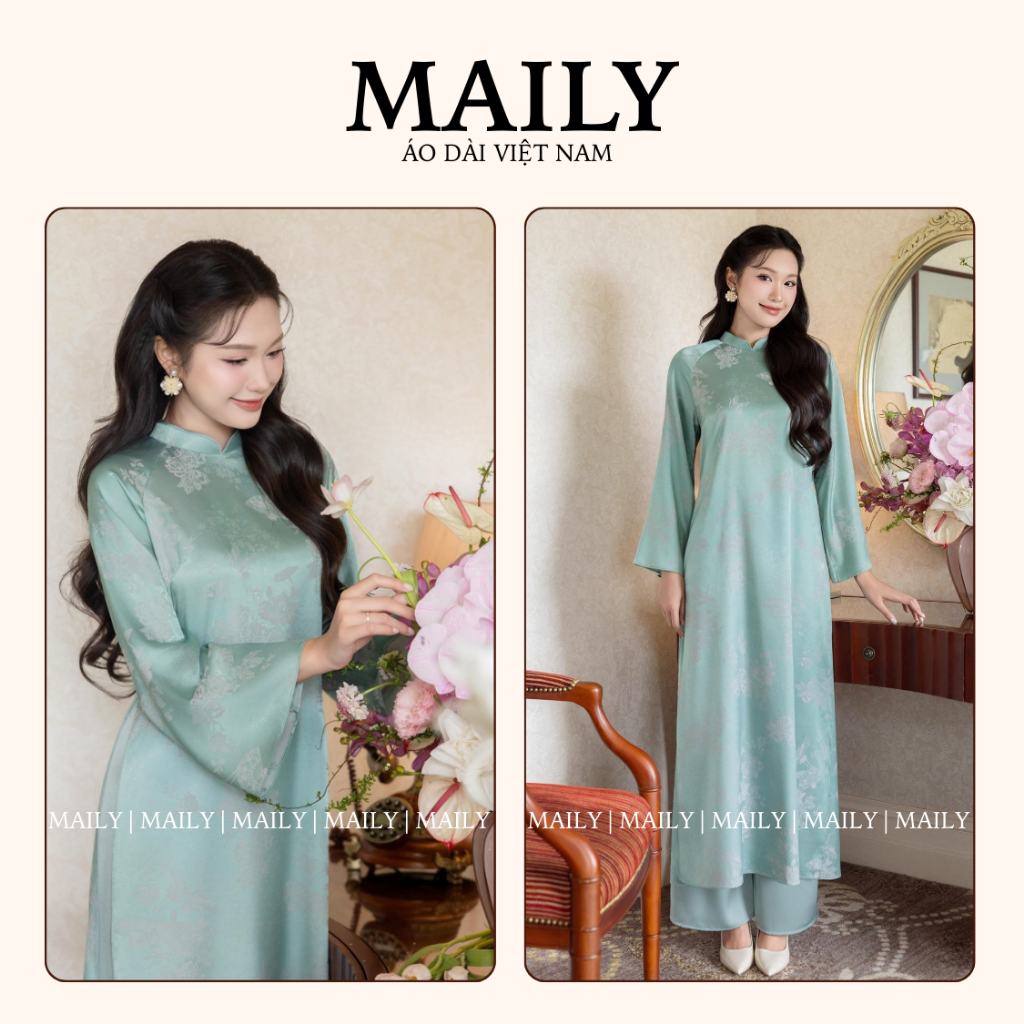 Áo Dài Lạc Vân Dáng Cách Tân Gấm Cao Cấp Cổ Cao Tay Dài Tay Loe Dịu Dàng Đón Xuân - ÁO DÀI MAILY