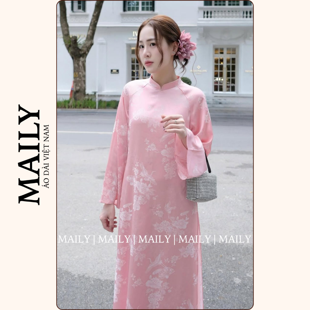 Áo Dài Gấm Dáng Cách Tân Lạc Vân Cổ Cao Tay Dài Loe Trang Trọng - ÁO DÀI MAILY