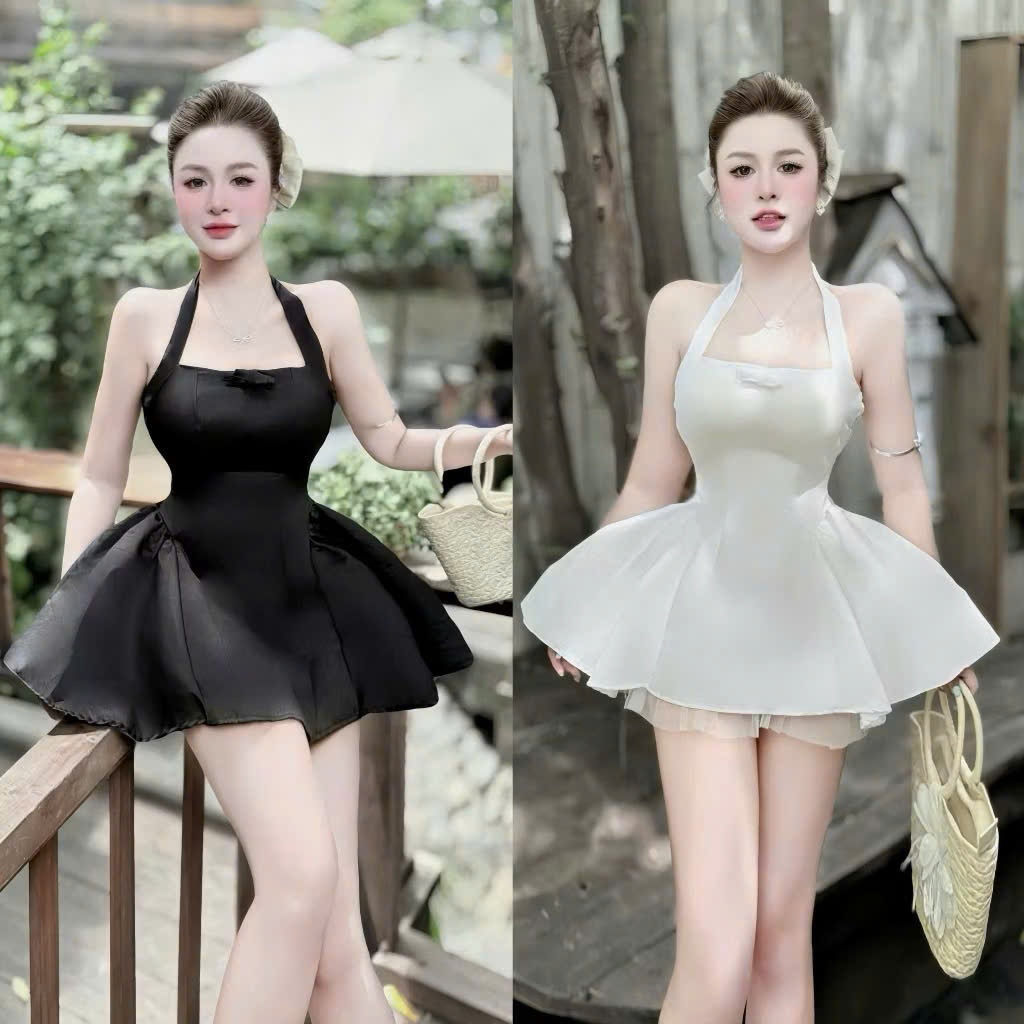 Set đầm yếm tapta phối tùng lưới cứng kèm quần trong dáng xòe tiểu thư sang chảnh