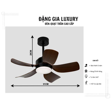 Quạt trần đèn 5 cánh gió mạnh | Quạt trần thấp cao cấp sải cánh 91cm dành cho chung cư - phòng khách - phòng ngủ
