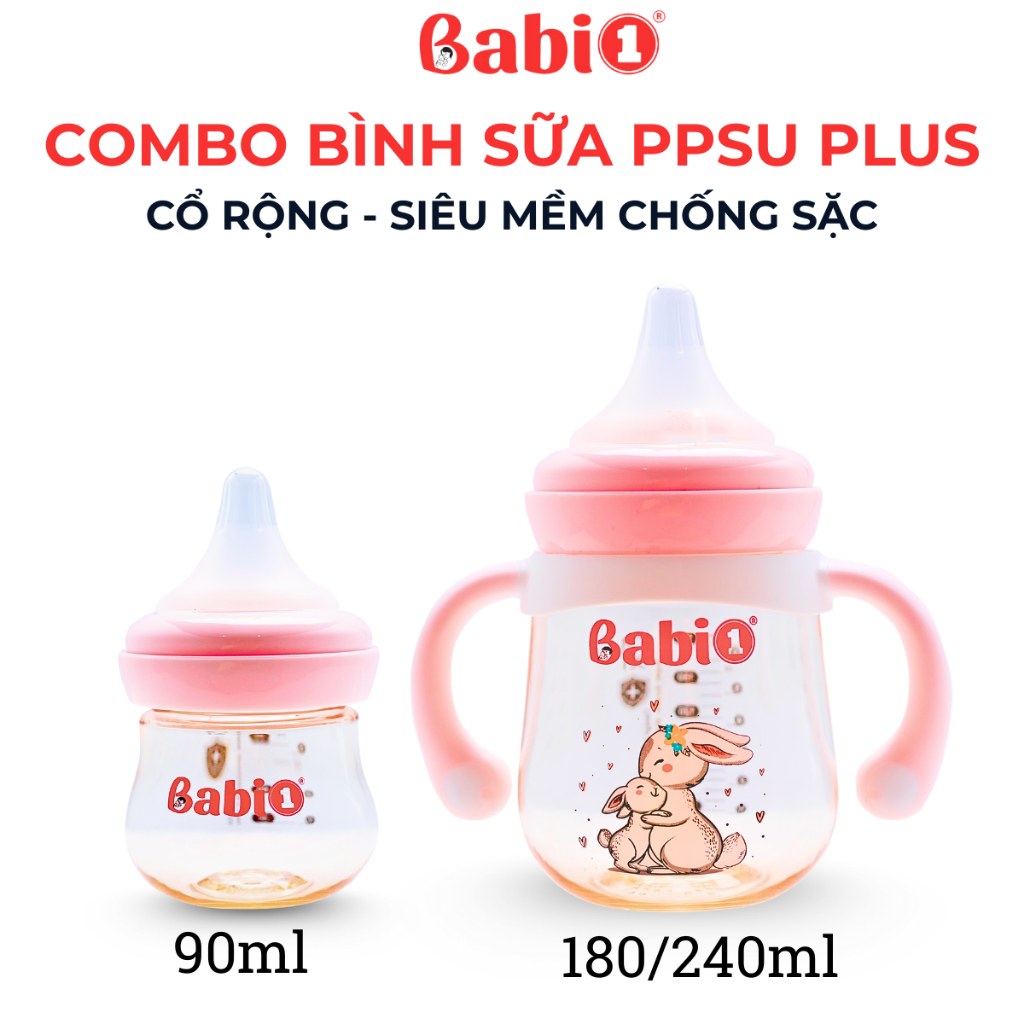 Babi1 Combo 2 Bình Sữa PPSU Plus Cổ Rộng Núm Ti Silicon Y Khoa Gen 4 Chống Sặc Có Tay Cầm (90/180ml)