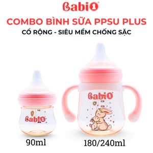 Babi1 Combo 2 Bình Sữa PPSU Plus Cổ Rộng Núm Ti Silicon Y Khoa Gen 4 Chống Sặc Có Tay Cầm (90/180ml)