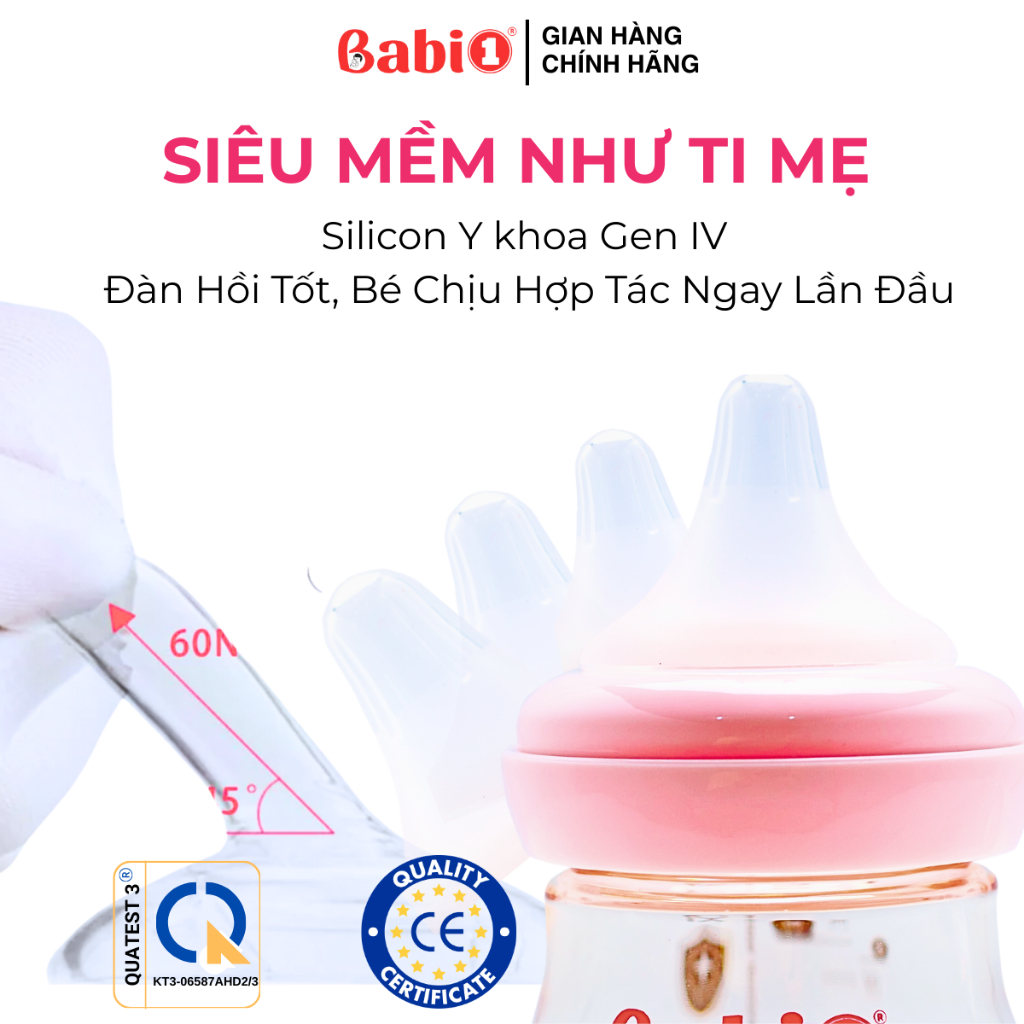 Babi1 Combo 2 Bình Sữa PPSU Plus Cổ Rộng Núm Ti Silicon Y Khoa Gen 4 Chống Sặc Có Tay Cầm (90/180ml)