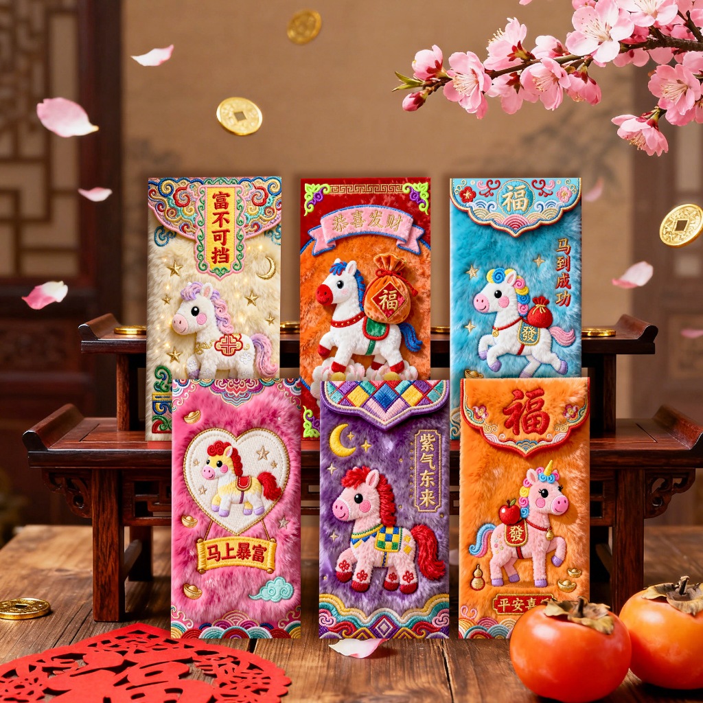 Xấp 6/30 Bao Lì Xì 5D Hiệu Ứng In Giả Thêu Ngựa Thần Tài Thổ Cẩm May Mắn Tài Lộc Cao Cấp Tết Việt Nam -Đồ Chơi PUKAPI