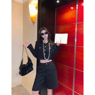 Set áo khoác dạ tweet form croptop kết hợp quần lửng phong cách sang chảnh