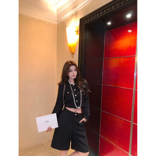 Set áo khoác dạ tweet form croptop kết hợp quần lửng phong cách sang chảnh