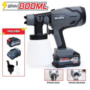 Máy Phun Sơn Pin WORKFIX WF-SG800ML – Phun Mịn, Tiết Kiệm Sơn – 2/3 Chế Độ, Dung Tích Lớn, Pin 21V, Đủ Phụ Kiện