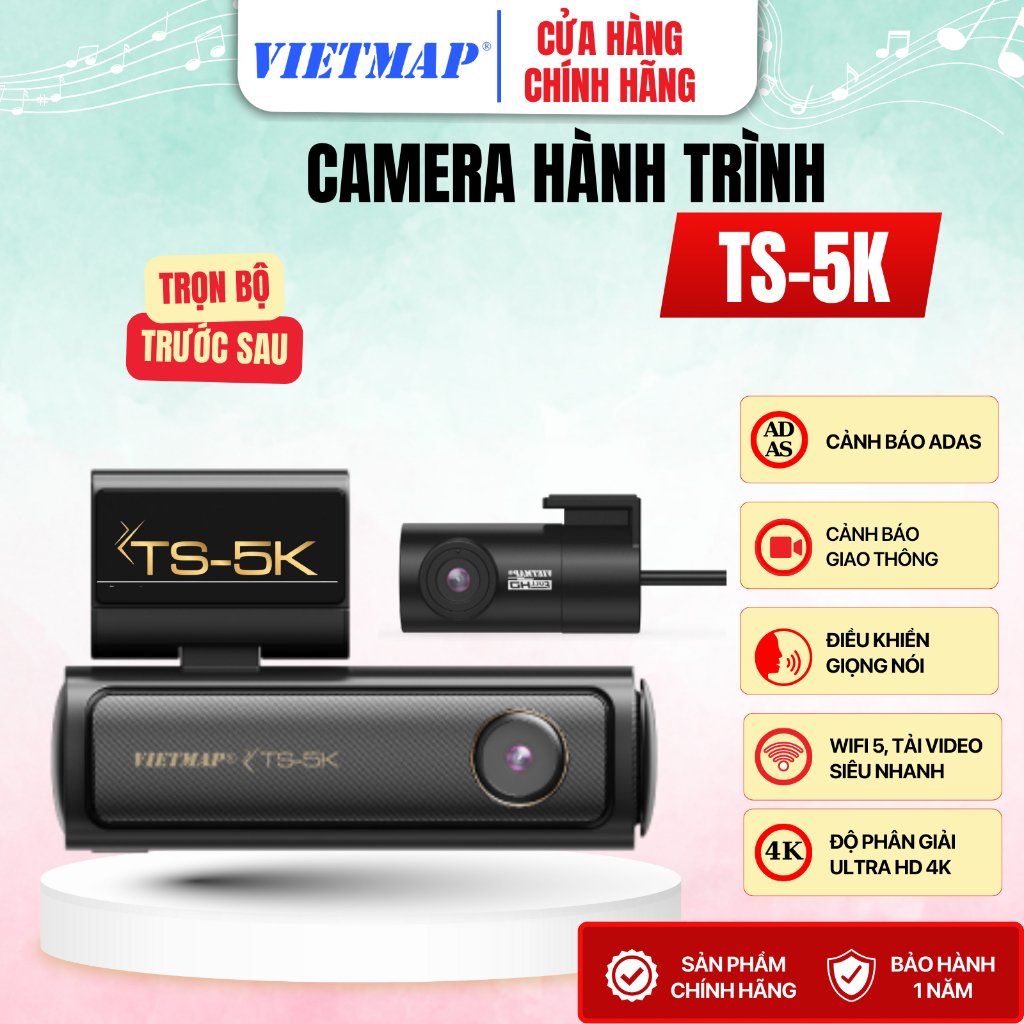 Cam hành trình Vietmap TS-5K ghi hình Ultra 4K, ADAS hỗ trợ lái xe an toàn