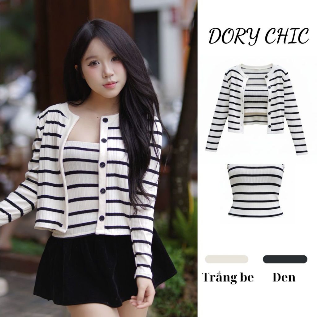[SALE VUI 7.7]_DORY CHIC_ Set Cardigan giả cúc len dài tay kẻ mix áo quây mềm mịn CDG2