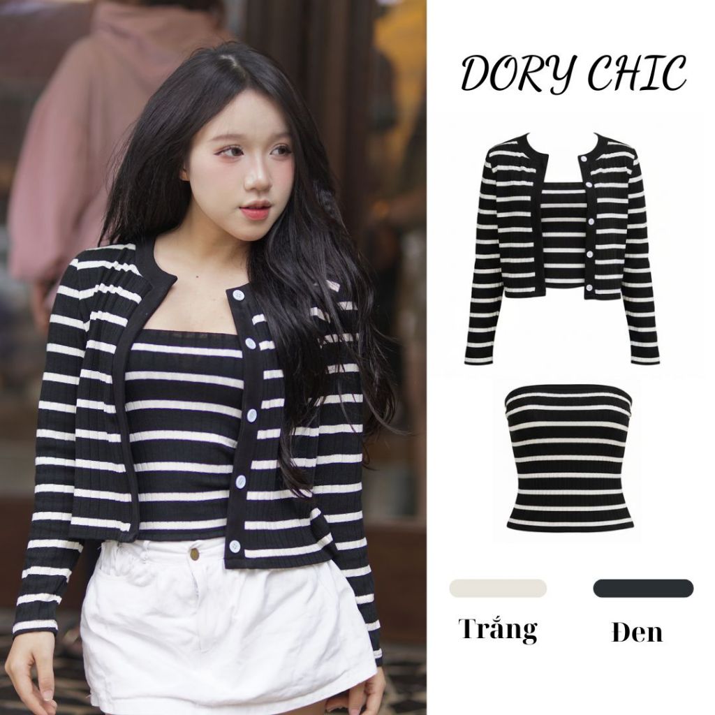 [SALE VUI 7.7]_DORY CHIC_ Set Cardigan giả cúc len dài tay kẻ mix áo quây mềm mịn CDG2
