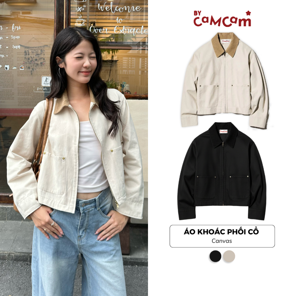 Áo Khoác Canvas Dáng Ngắn 𝑩𝒚𝒄𝒂𝒎𝒄𝒂𝒎 Áo Khoác Phối Cổ Nhung Tăm Basic Unisex Nam Nữ AKHD314