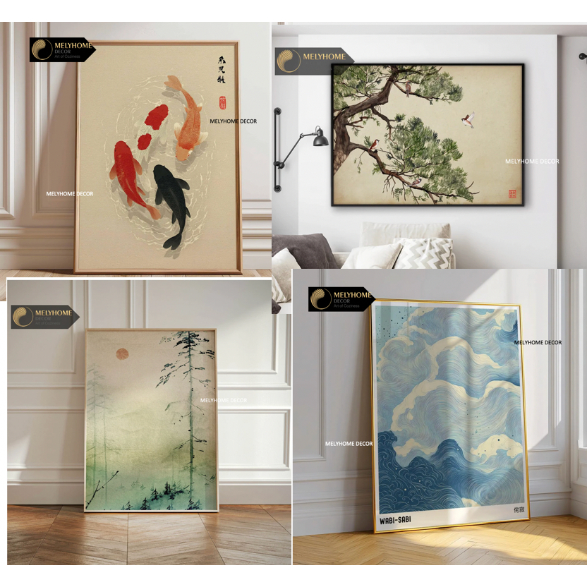 Khổ Lớn -Tranh Treo Tường Canvas Tráng gương Nhật Bản Mặt trời Cá Chim ...