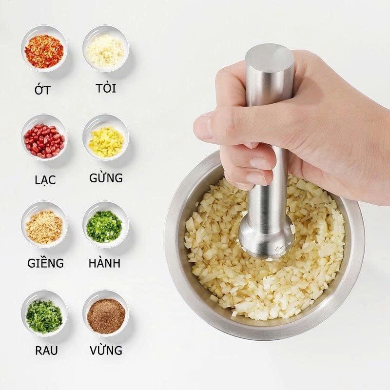 Bộ Cối Chày Inox 304 Dày,Nặng, Có Nắp Đậy Dễ Dàng Sử Dụng, Dễ Vệ Sinh Siêu Bền