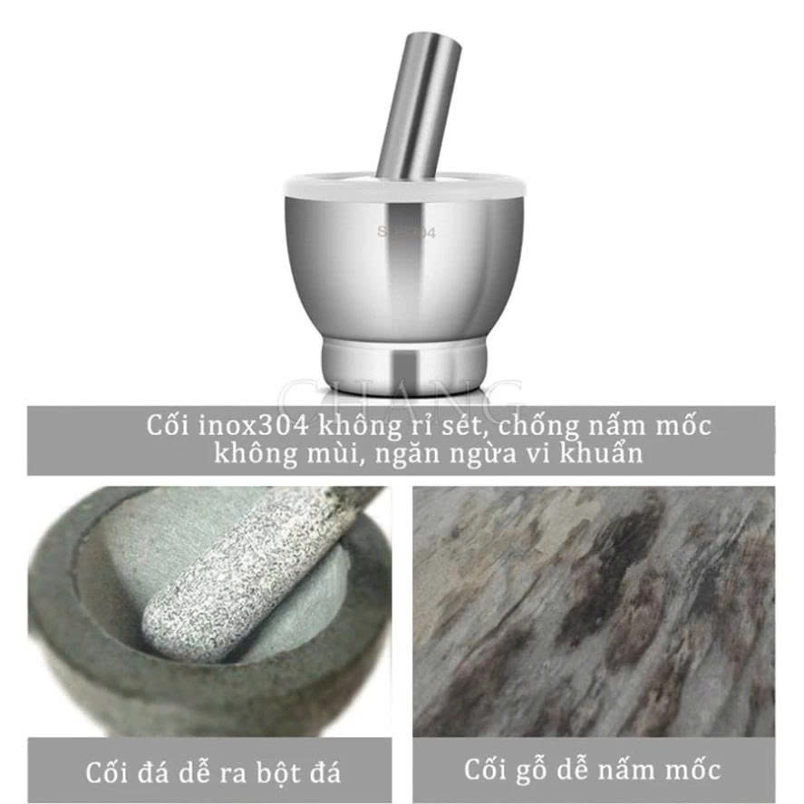 Bộ Cối Chày Inox 304 Dày,Nặng, Có Nắp Đậy Dễ Dàng Sử Dụng, Dễ Vệ Sinh Siêu Bền