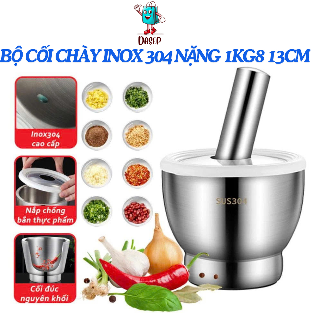 Bộ Cối Chày Inox 304 Dày,Nặng, Có Nắp Đậy Dễ Dàng Sử Dụng, Dễ Vệ Sinh Siêu Bền