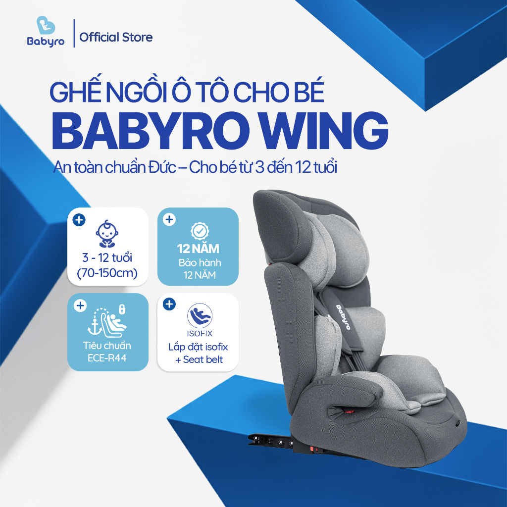 Ghế ngồi ô tô cho bé Babyro Wing, cho bé 3-12 tuổi, lắp đặt isofix, gấp gọn, bảo hành 12 năm