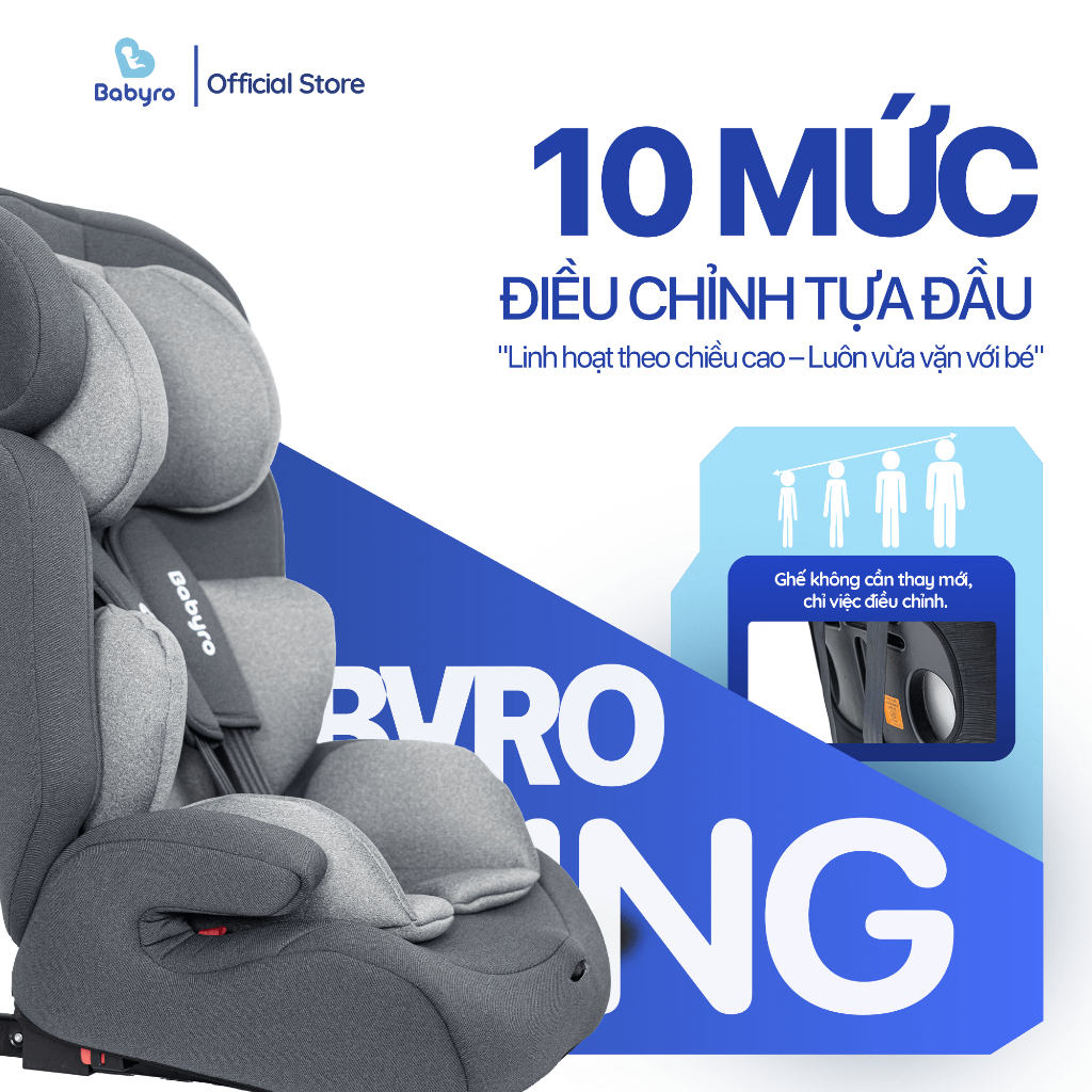 Ghế ngồi ô tô cho bé Babyro Wing, cho bé 3-12 tuổi, lắp đặt isofix, gấp gọn, bảo hành 12 năm