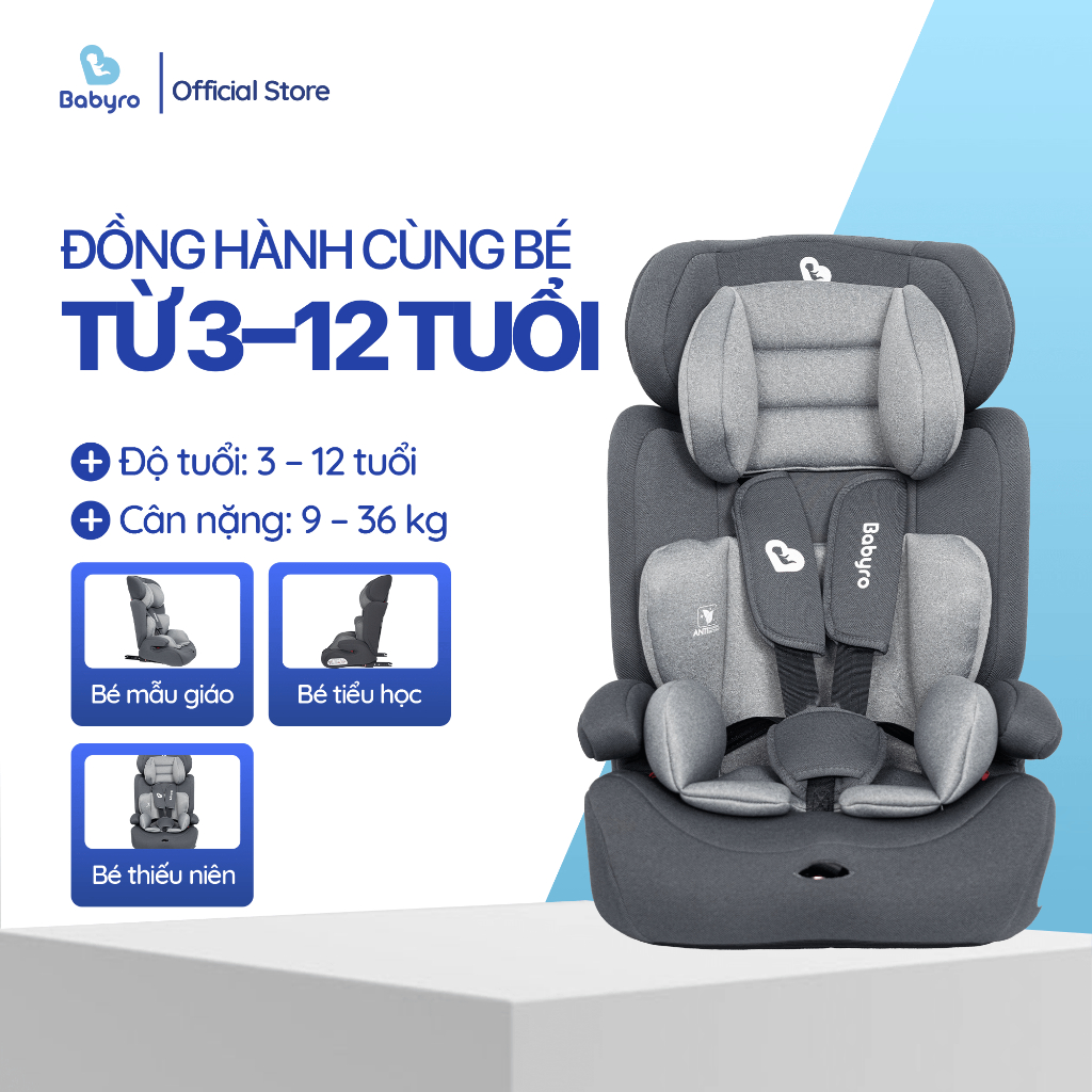 Ghế ngồi ô tô cho bé Babyro Wing, cho bé 3-12 tuổi, lắp đặt isofix, gấp gọn, bảo hành 12 năm