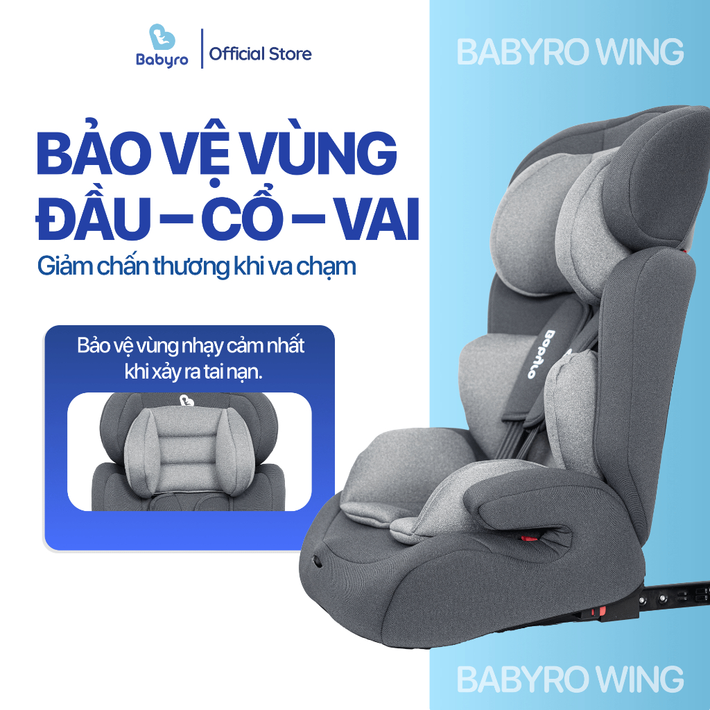 Ghế ngồi ô tô cho bé Babyro Wing, cho bé 3-12 tuổi, lắp đặt isofix, gấp gọn, bảo hành 12 năm