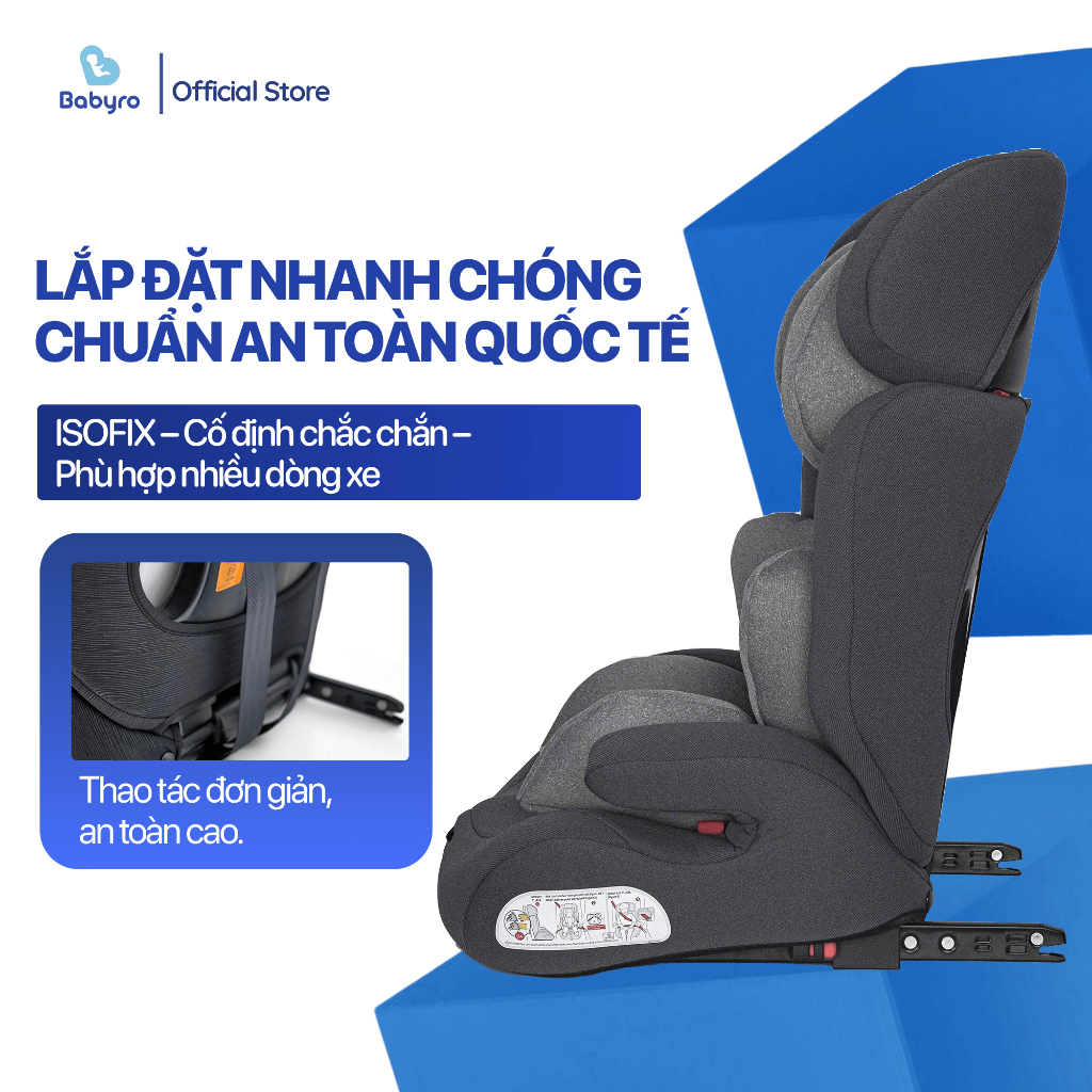 Ghế ngồi ô tô cho bé Babyro Wing, cho bé 3-12 tuổi, lắp đặt isofix, gấp gọn, bảo hành 12 năm