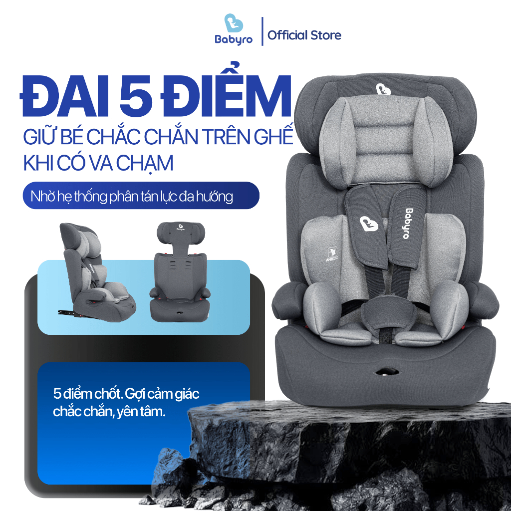 Ghế ngồi ô tô cho bé Babyro Wing, cho bé 3-12 tuổi, lắp đặt isofix, gấp gọn, bảo hành 12 năm