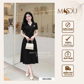 Váy Mango Ý MDU3950 Gam Đen Basic Cut-out Trước Ngực Dáng Xòe Xếp Ly Từ MDU K55-D2-3