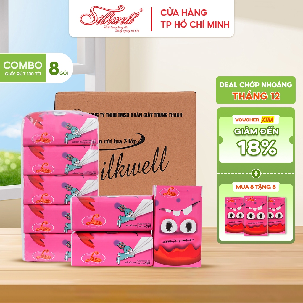 Thùng 12 gói giấy ăn rút Silkwell Lium 130 tờ màu hồng 3 lớp, khăn giấy ăn cao cấp cho mọi nhà