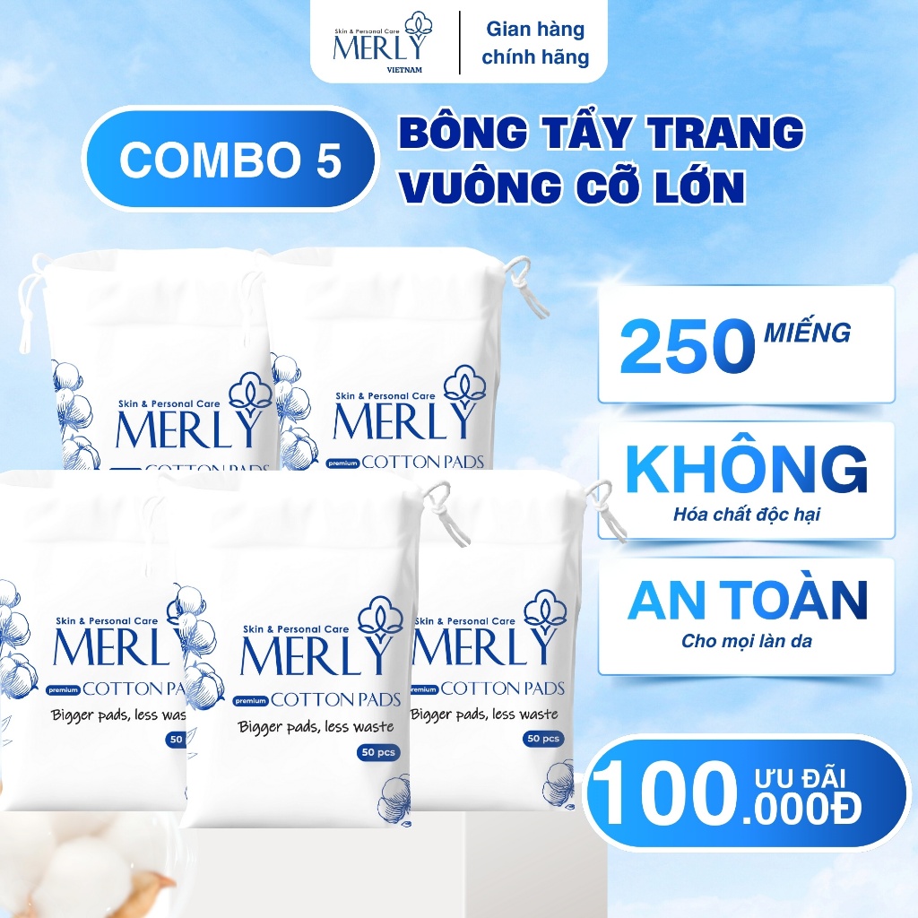 Combo 5 gói size đại 250 miếng bông tẩy trang MERLY an toàn cho da ...