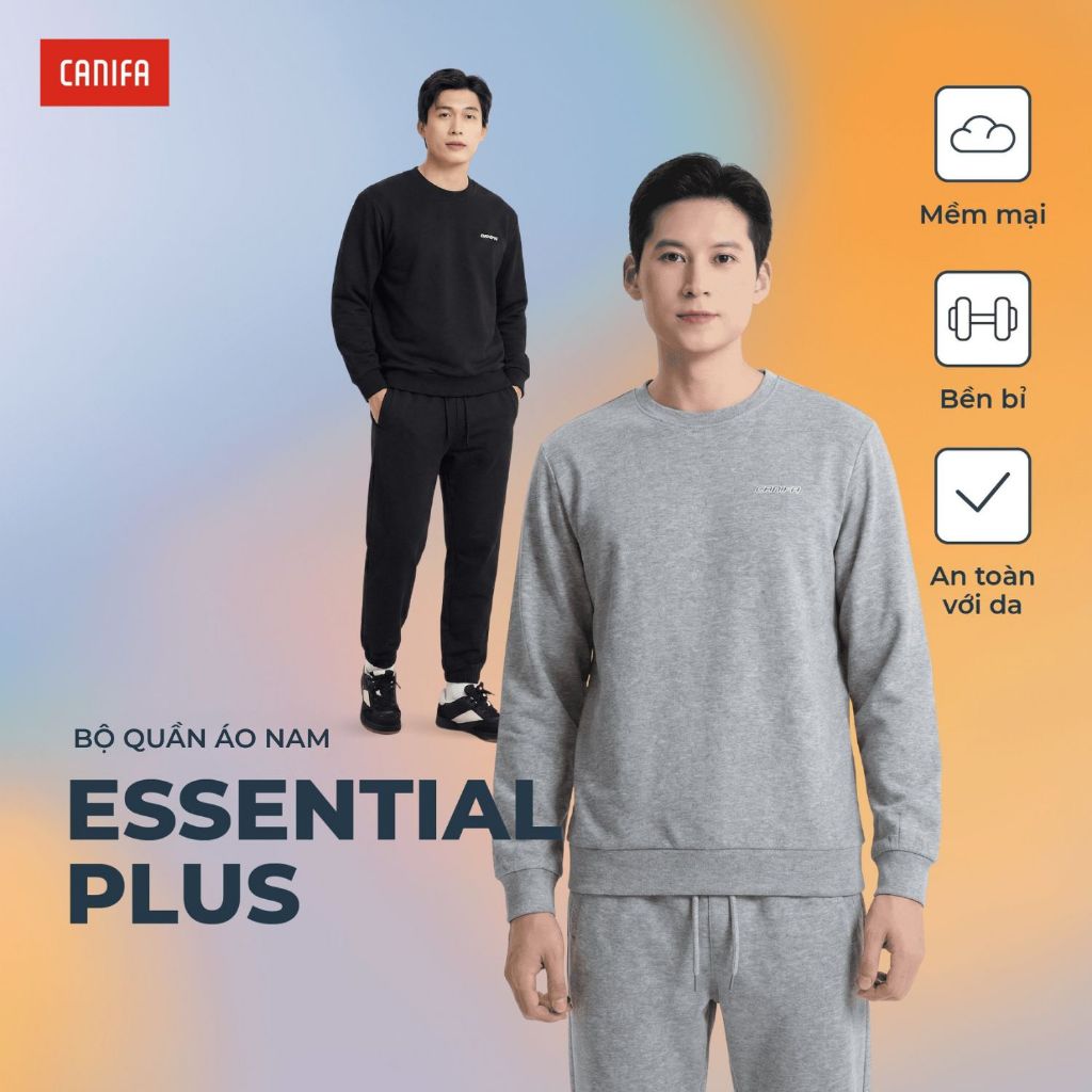 Bộ quần áo nam CANIFA form rộng dài tay cổ tròn in hình Essential Plus 8ST25W007