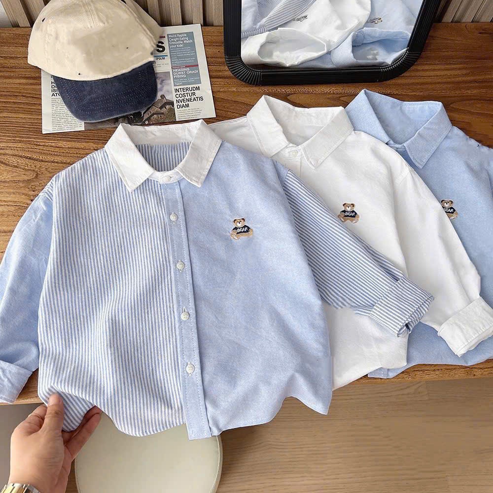 Áo SƠ MI GẤU THÊU DÀI TAY bé trai 2-8 tuổi (9-24kg) đủ size, thời trang Hàn Quốc siêu HOT 2025 | D&T KIDS