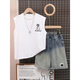 Bộ Quần Áo Trẻ Em Áo Thun Ba Lỗ In Hình Chữ BooNiGood Kèm Quần Short Jean