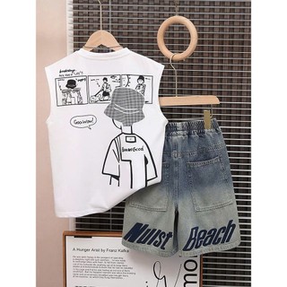 Bộ Quần Áo Trẻ Em Áo Thun Ba Lỗ In Hình Chữ BooNiGood Kèm Quần Short Jean