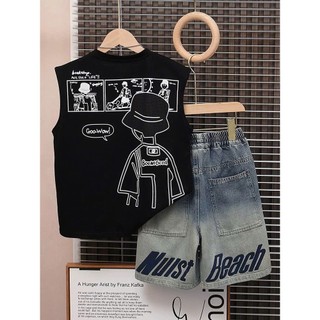 Bộ Quần Áo Trẻ Em Áo Thun Ba Lỗ In Hình Chữ BooNiGood Kèm Quần Short Jean