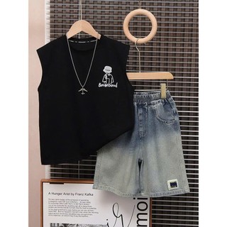 Bộ Quần Áo Trẻ Em Áo Thun Ba Lỗ In Hình Chữ BooNiGood Kèm Quần Short Jean