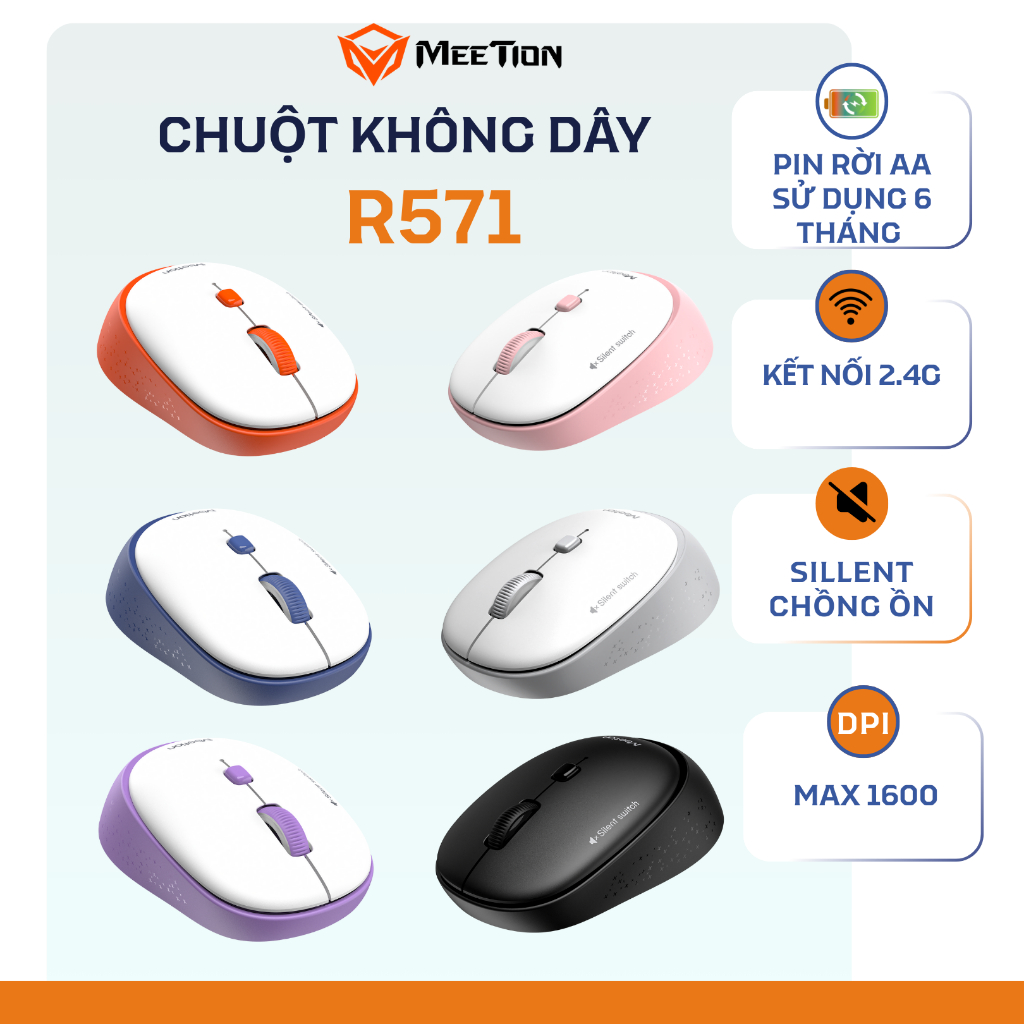 Chuột không dây Meetion R571 chống ồn thiết kế nhỏ gọn pin rời AA sử dụng hơn 6 tháng
