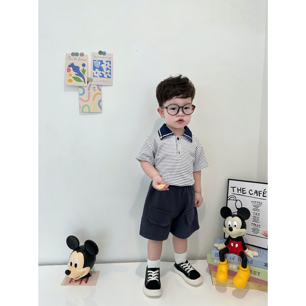 Set bộ polo cộc tay bé trai Miniumbaby gắn hình gấu cổ áo, chất cotton mềm mát, bé 1-6 tuổi SB2334