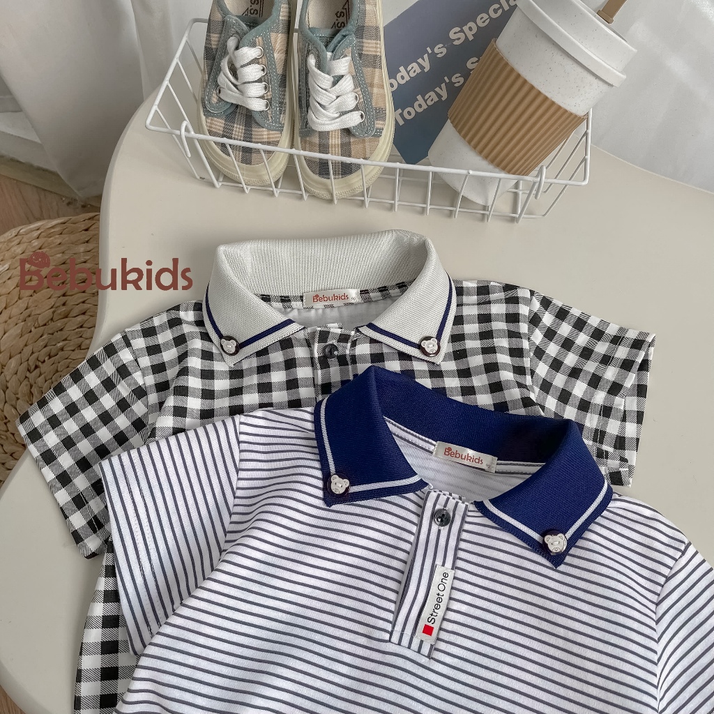 Set bộ polo cộc tay bé trai Miniumbaby gắn hình gấu cổ áo, chất cotton mềm mát, bé 1-6 tuổi SB2334