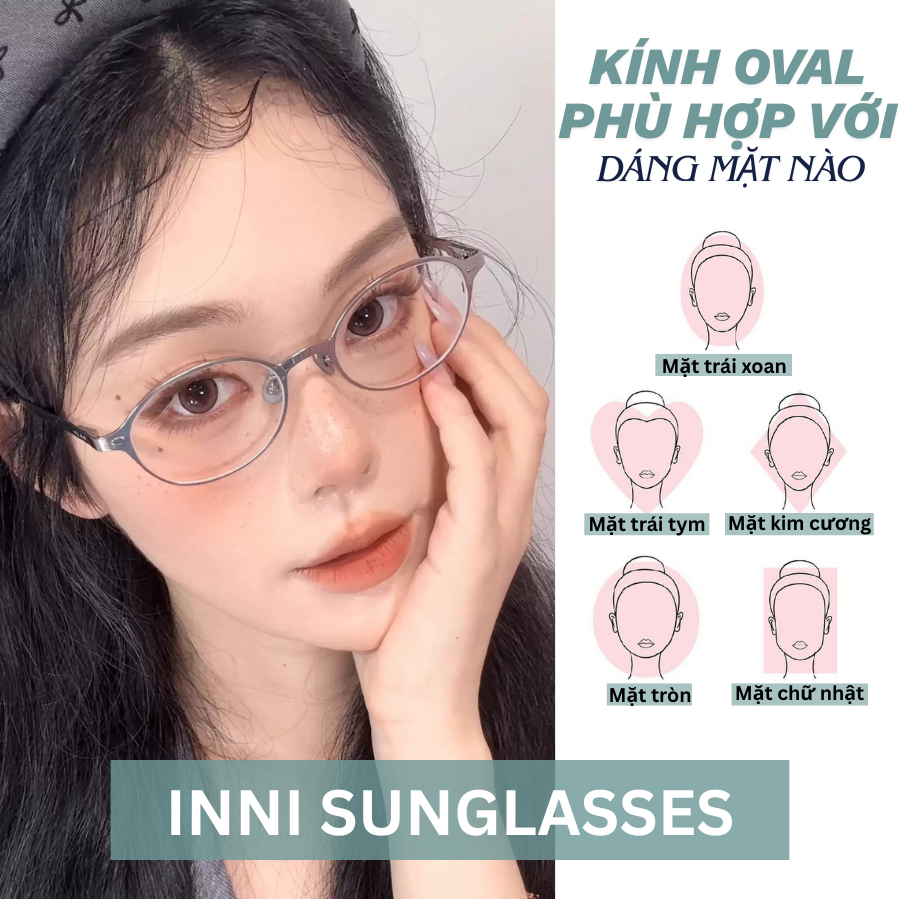 Kính mắt oval nữ INNI chống ánh sáng xanh, gọng kính hợp kim cao cấp đi học, đi làm, đi chơi 6231